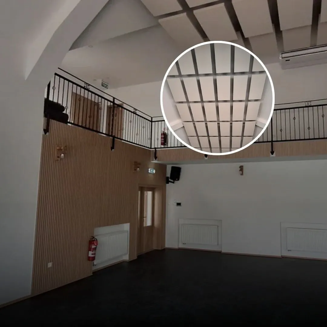 Reducerea ecoului într-o sală de bal cu Echo Cloud și panouri cu lamele din lemn